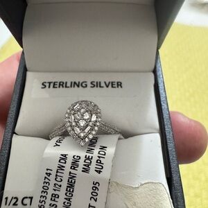 Sterling Silver White Teardrop Halo Engagement Ring with 1/2 carat diamonds